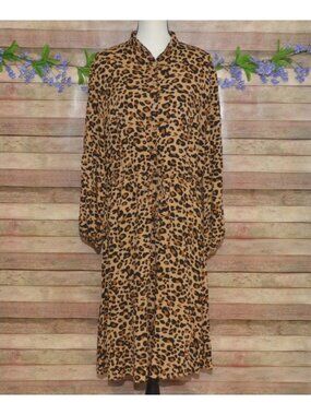 Leopard Print Button-Down Midi Dress Drawstring Waist & Long Puff Sleeves Size L